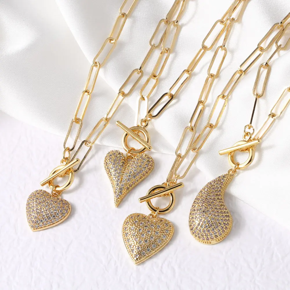 FLOLA Luxury Crystal Bubble Heart Necklaces for Women Gold Plated Paperclip Chain Water Drop Necklaces Statement Jewelry nkey26