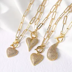 FLOLA Luxury Crystal Bubble Heart Necklaces for Women Gold Plated Paperclip Chain Water Drop Necklaces Statement Jewelry nkey26