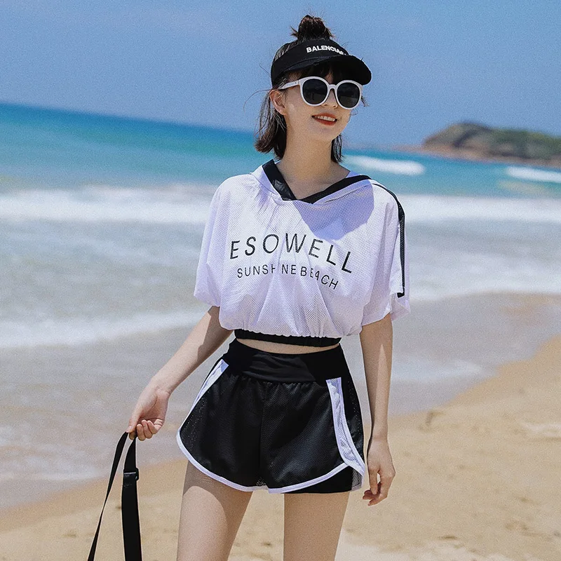 Women 3 Pieces Bikini Set Swimsuit Short Sleeve With Hat Cover Up Push Up Swimwear Bathing Suit High Waist Sports Shorts