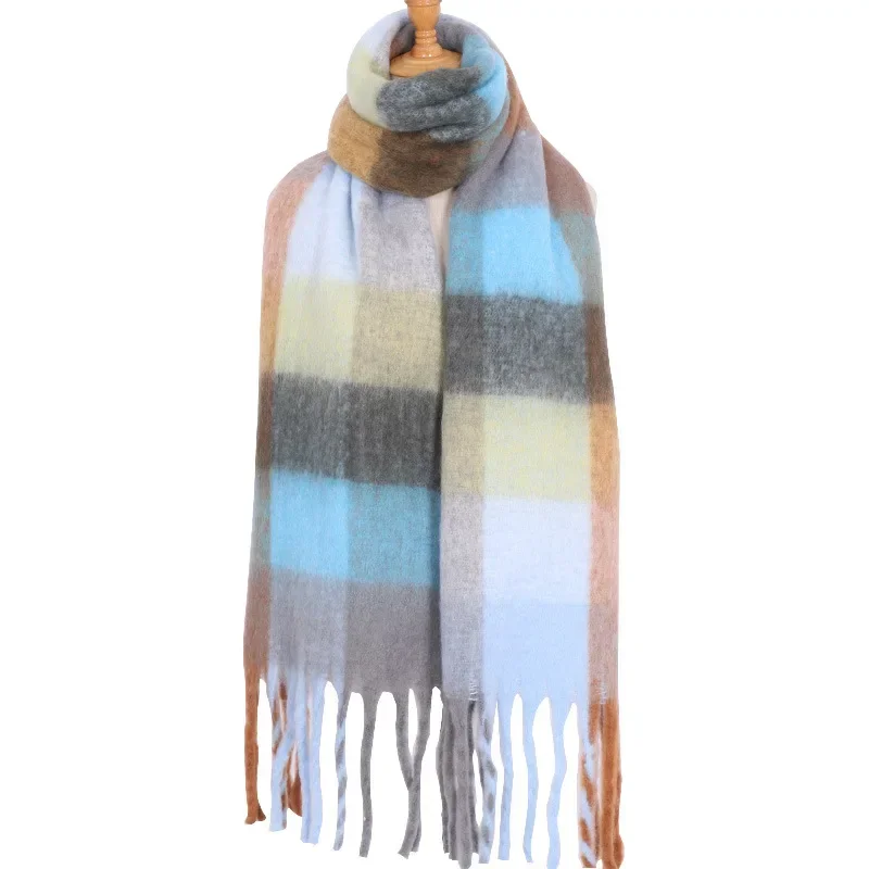 New Winter AC British Plaid Scarf Women Luxury Brand Imitation Cashmere Thickened Warm Tassel Rainbow Shawl Foulard