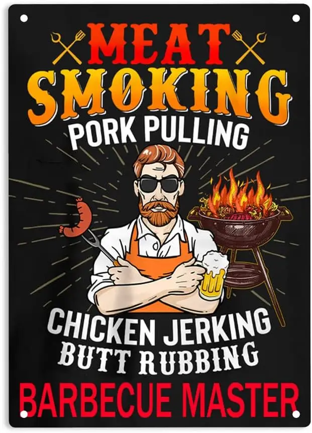 Meat Smoking Pork Pulling Chicken Jerking Butt Rubbing Barbecue Master Sign Metal Tin Signs, Barbecue Master Poster for Hom sign