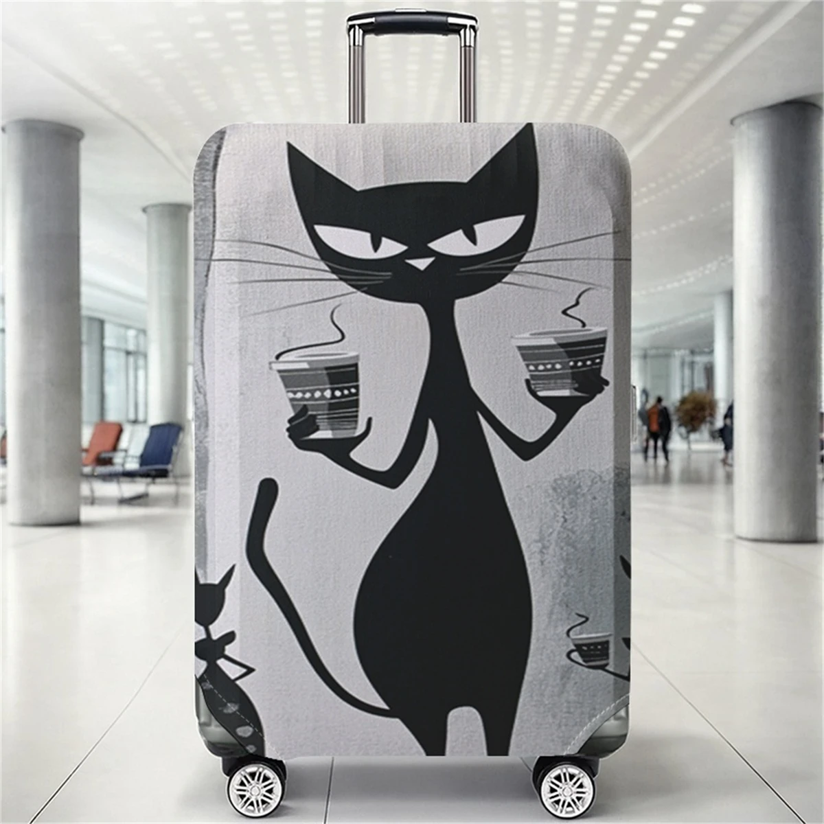

Защитный чехол для багажа с рисунком черной кошки и серо-белым узором, подходит для чемоданов 18-32 дюймов, с ручкой для переноски.