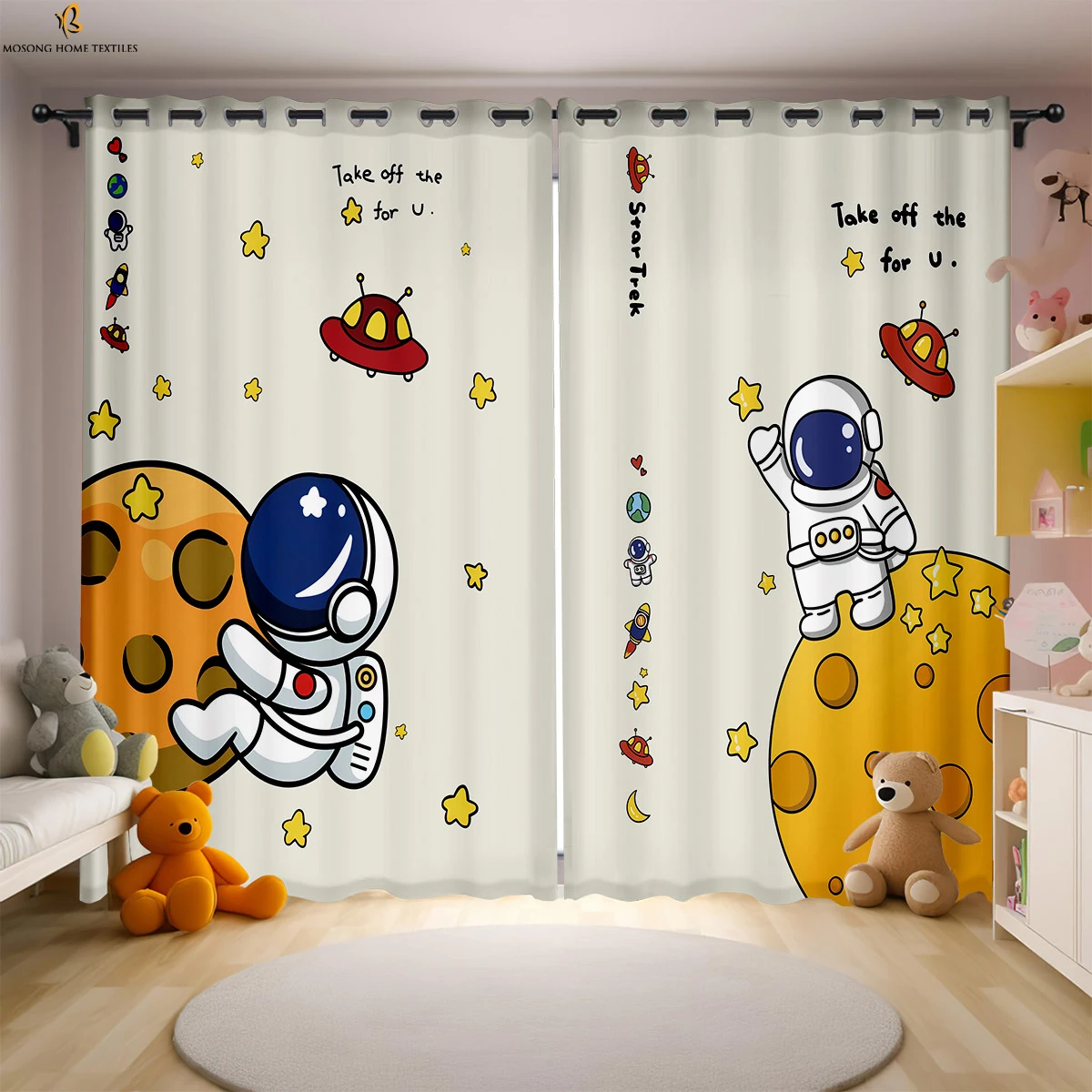 Cartoon Spaceship Astronaut Blue Printed Curtains Children's Room Window Decoration Curtains Can Be Customized 2 Pieces