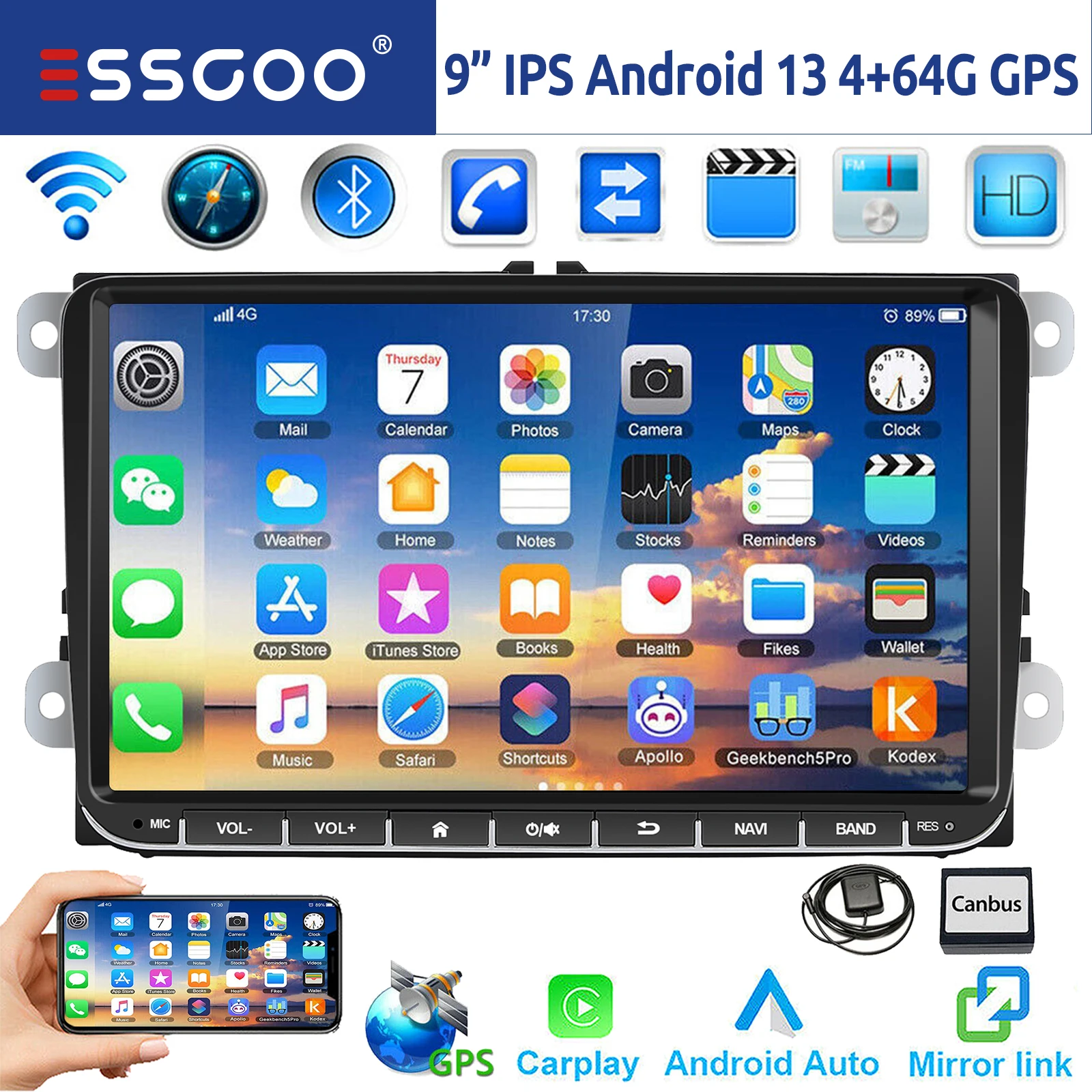 

9" Android 13 4G+64G Wireless Carplay Car Stereo GPS NAVI WIFI RDS FM BT EQ for VW Golf 5 6 Passat Polo Touran Tiguan Caddy EOS