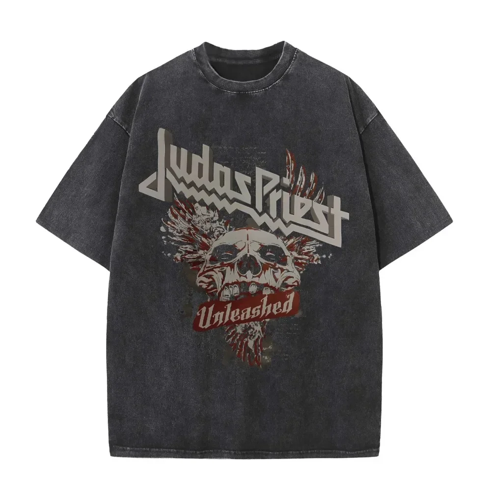 

2025 American retro washed old heavy cotton solid color short-sleeved Tshirt summer loose top tide washed T-shirt Judas Priest
