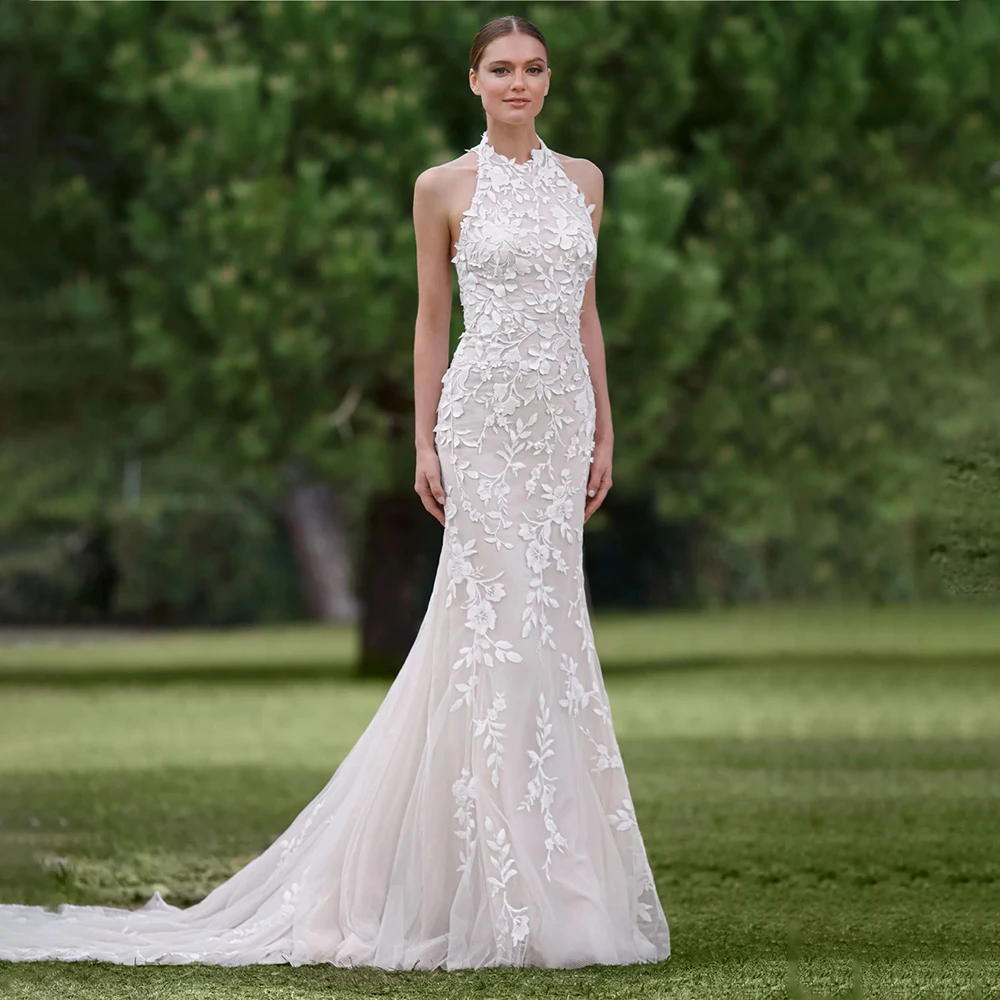 

Wedding Dress Halter Neck Lace Applique Mermaid Tulle Backless Bride Dress Bride Gowns Elegant Formal Bridal Gowns for Women