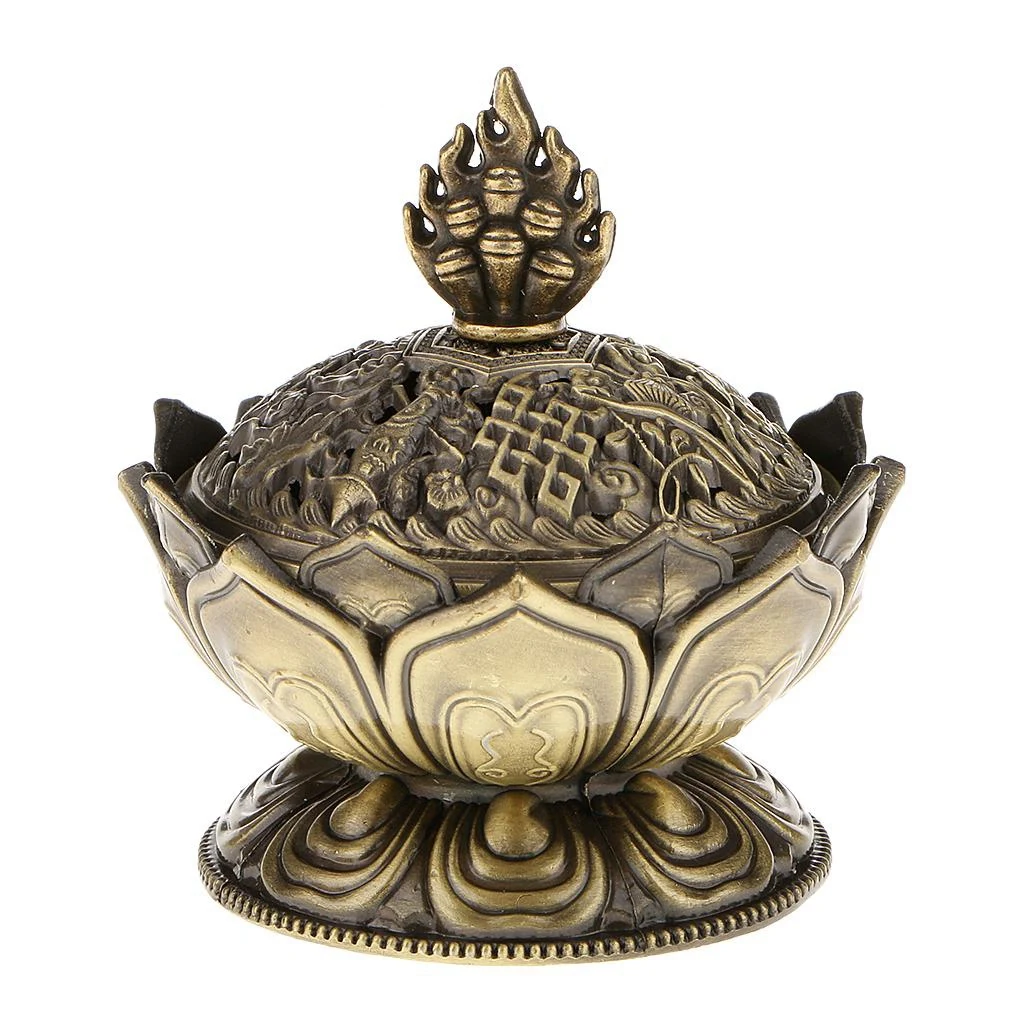 Lotus Incense Smoke Cone Aroma Burner Holder Stove Backflow Censer Decor-Bronze