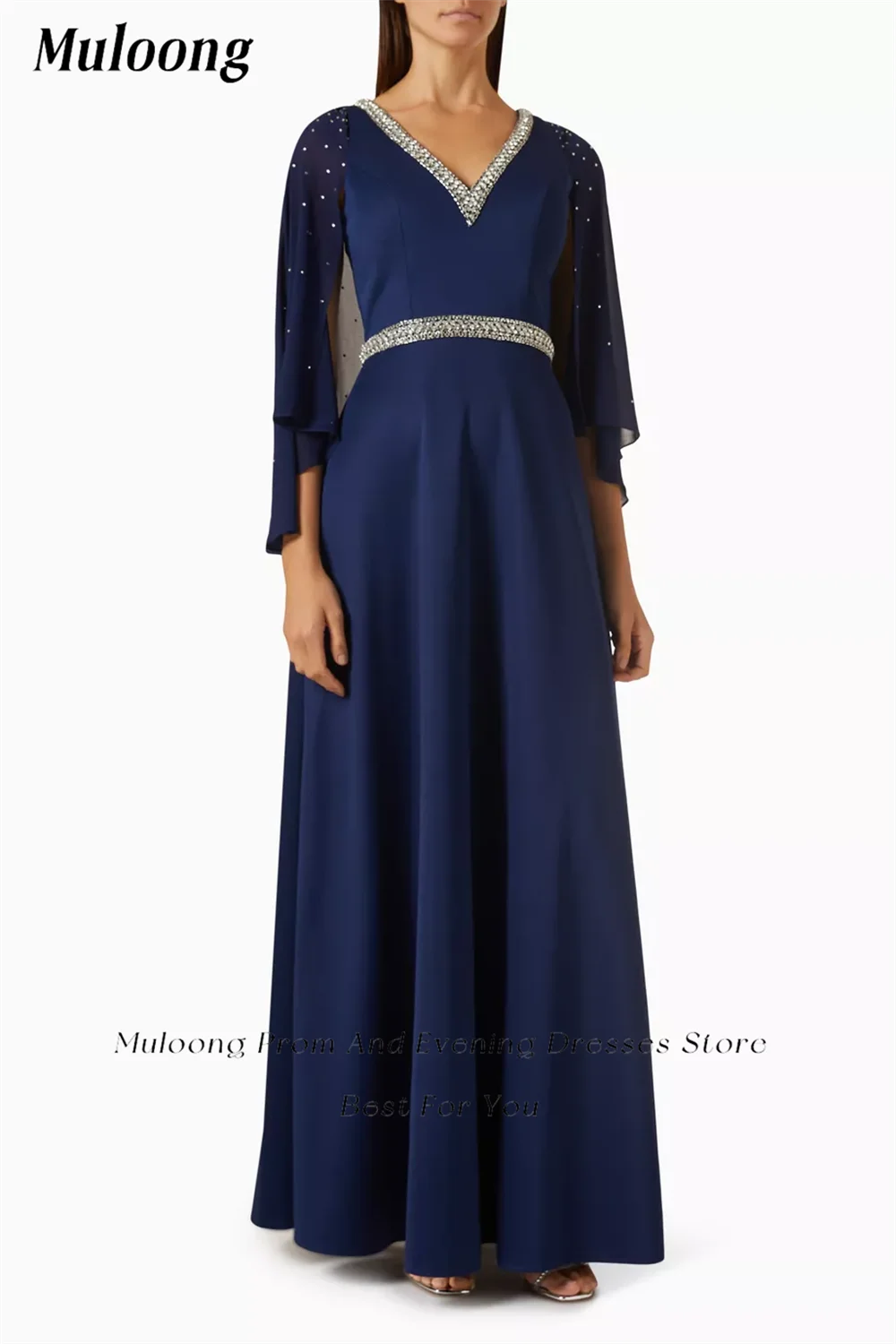 Muloong Navy V Neck A Line Maxi Dress Crystal-embellished Ankle Length Classic Luxury Evening Dress Cape Sleeves Prom Gown