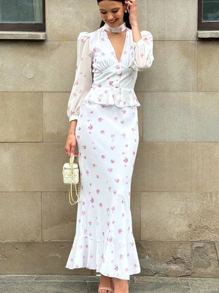 

Elegant Deep V-Neck Printed Dress For Women Mesh See-Through Slim Contrast Party Dress Evening Women's Lace-Up Maxi Dress