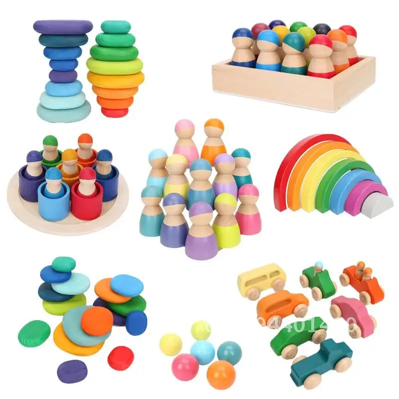 Wooden Rainbow Block Wood Stacking Toys Grimms Rainbow Building Blocks Balls Montessori Eductaional Toy Kids Rainbow Stacker