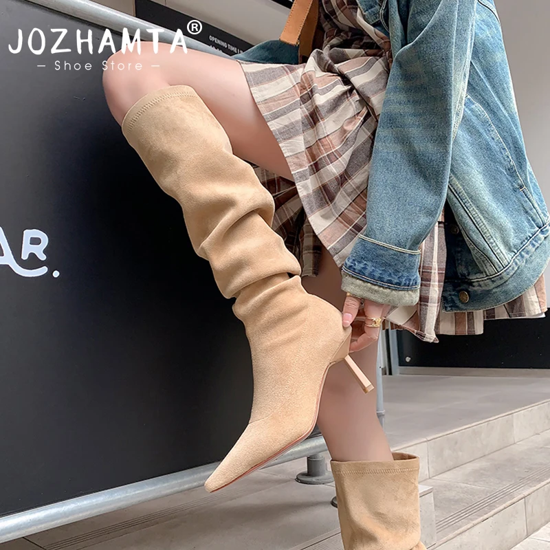 

JOZHAMTA Size 34-40 Women Knee High Boots Real Leather Suede Sexy Thin High Heels Shoes Woman Winter 2024 Pointed Toe Long Boots