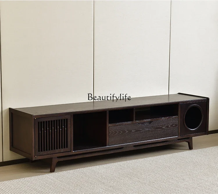 

60.TV cabinet all solid wood new Chinese Zen simple floor cabinet household living room ash wood TV cabinet