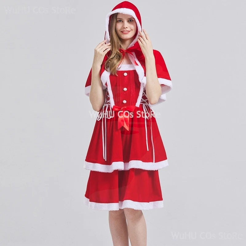 

Christmas Female Santa Claus Series Costume Xmas Party Snow Elk Girl Red Dress Cloak Rope Unifrom Sexy Pajamas Women Cosplay
