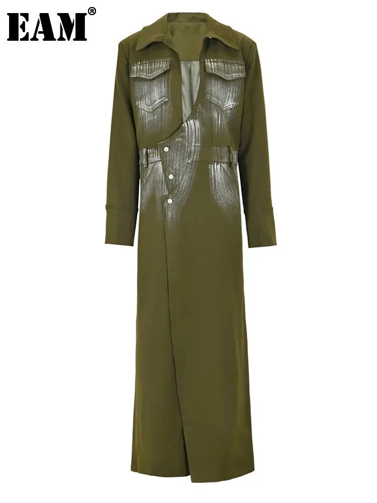 [EAM] Женский элегантный длинный пиджак с зеленой краской, новый свободный пиджак с лацканами и длинными рукавами, модный прилив, весна-осень 2025 1DF 613806