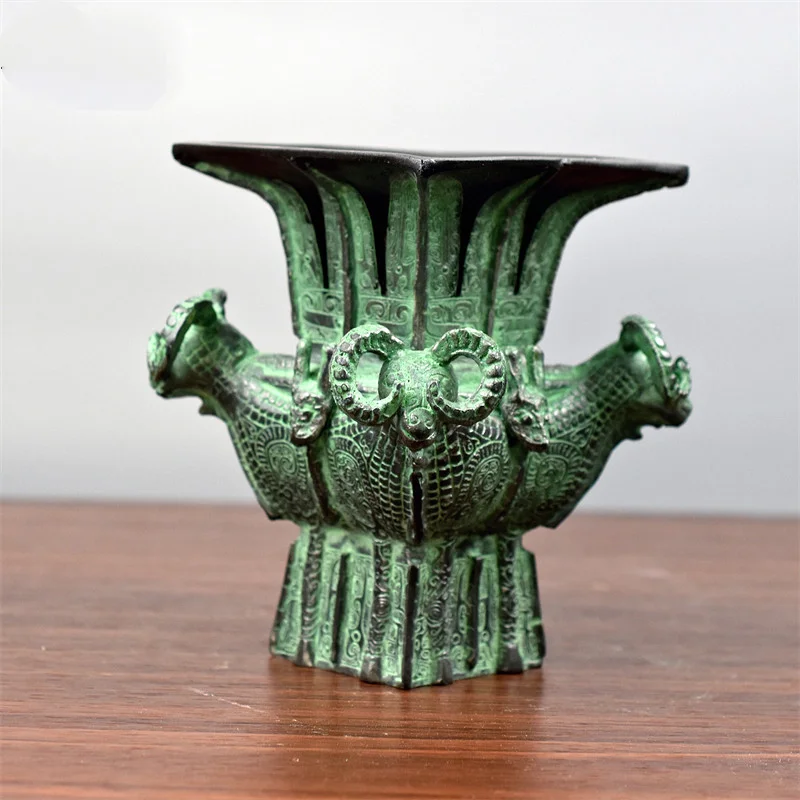 Chinese Zinc Alloy Four Goats Square Zun Ornament Shang Dynasty Wine Vessel Home Feng Shui Decor Opening Gift Craft
