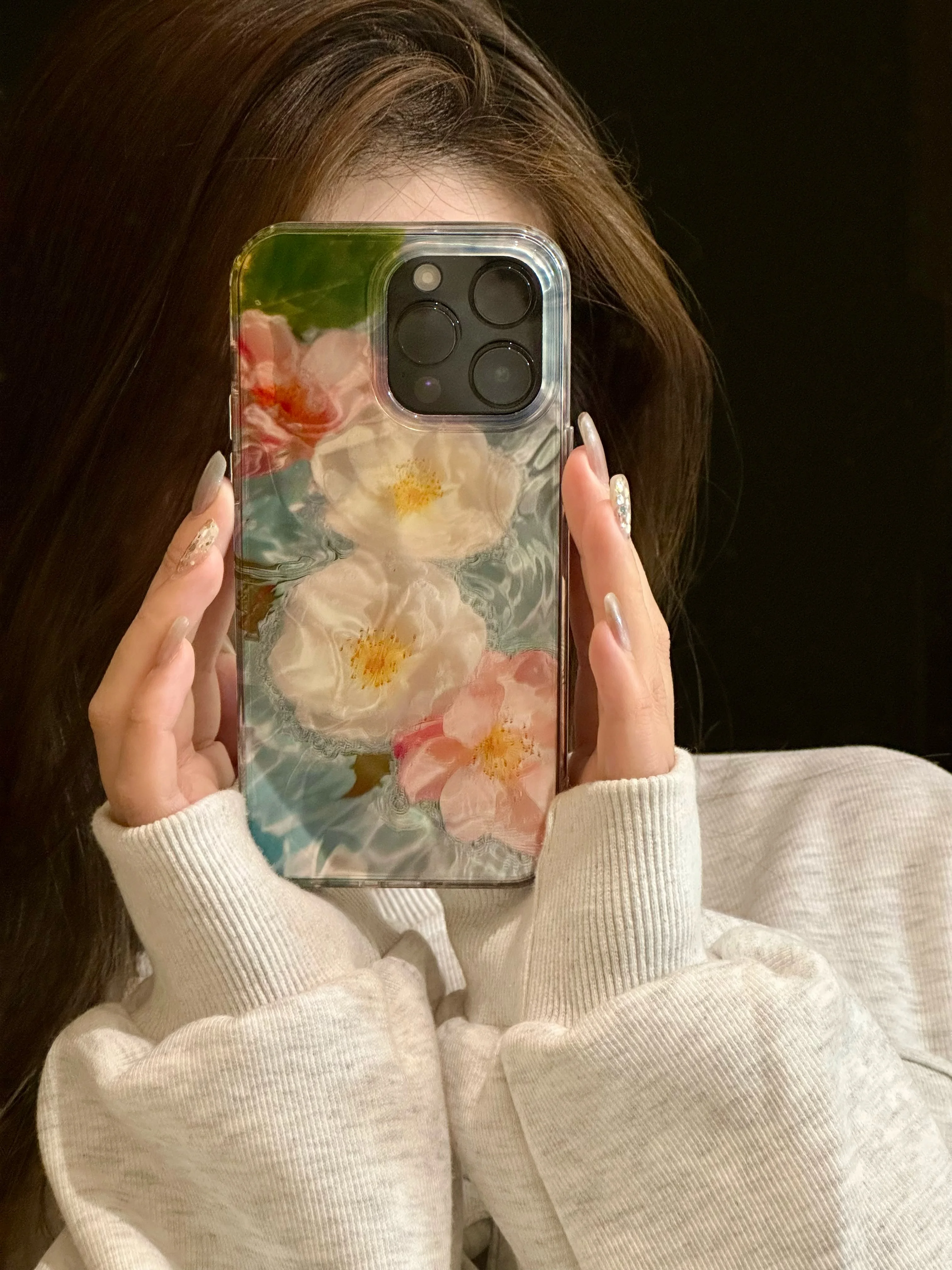 Illusory Color Dazzling Laser Water Ripple Pink White Flower Floral Cover Case For iPhone 16 15 14 13 12 Pro Max Shockproof Case