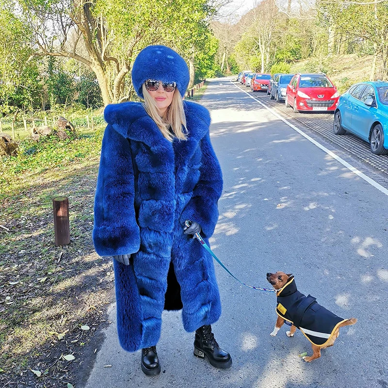 Genuine Blue Fox Fur Coat Women Winter Luxury Thicken Outertwear Big Lapel Long Sleeve Real Noble Fox Fur Jacket Female