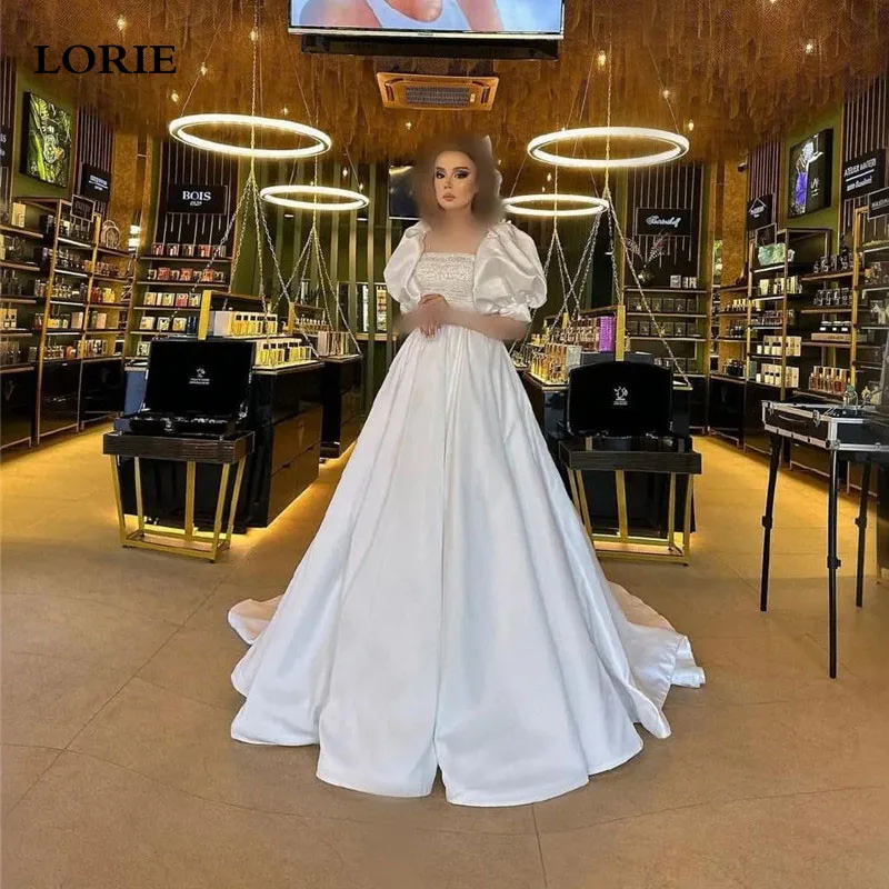 

LORIE A-line Lvory Satin Wedding Dresses Short Sleeve Square Neck Bride Dress Elegant Classic Modest Wedding Gowns Customized