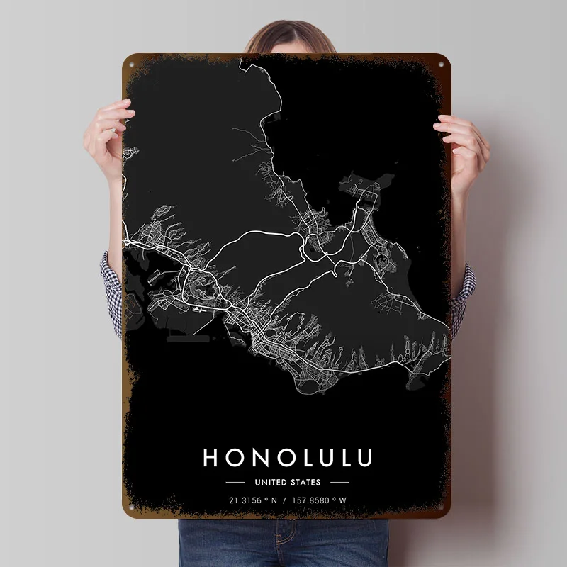 Honolulu City Map Dark Tinplate Posters Customizable Wall Art Retro Vintage Metal Signs for Home Room Custom Plate Office Decor