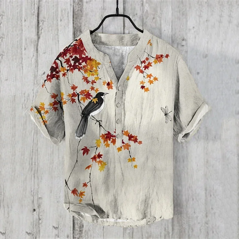 2024 New Henry Shirt Men Shirt Casual Clothing Animal Pattern Fashion Button Chinese Style V Neck Shirt Oversized Design