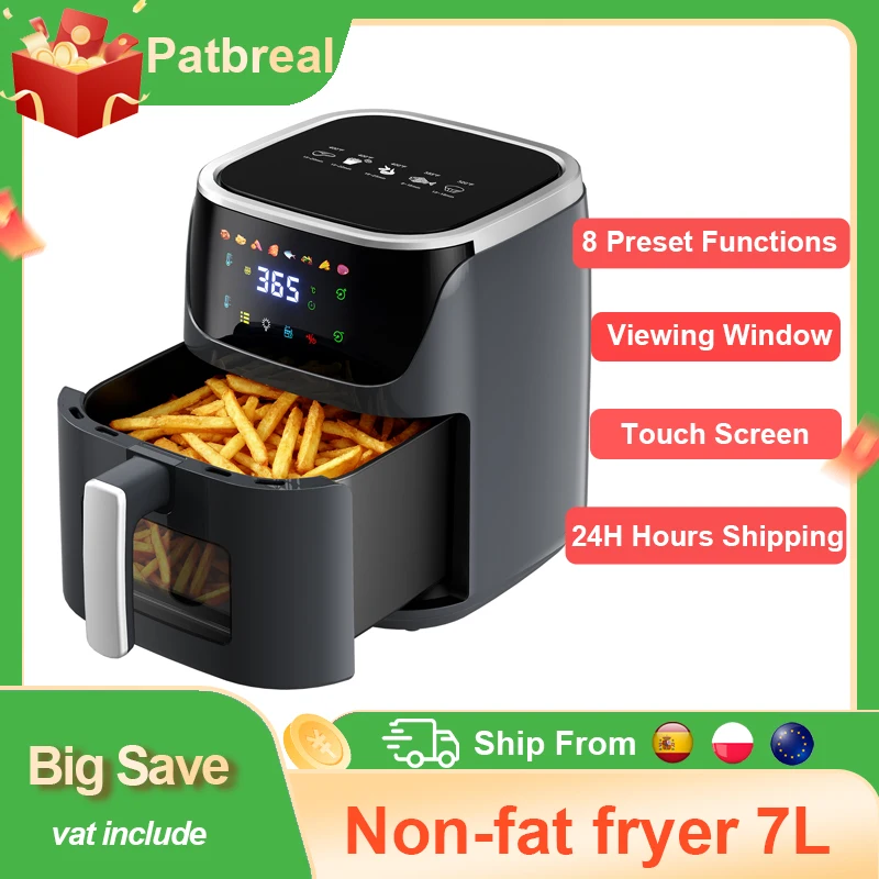 Olievrije heteluchtfriteuse 7 liter 1500 W Max 200 ° C Airfryer Oven met kijkvenster Led-touchscreen 8 vooraf ingestelde functies + warm houden