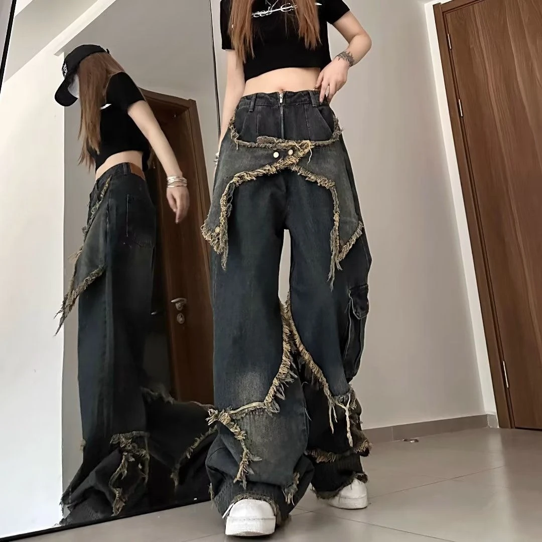 2025 Chic Gothic Pockets Zipper Casual Pants American Retro Wash Grunge Wide Leg Jeans Street Style Button Fashion Denim Pants