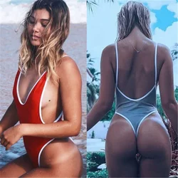 Bañador de Tanga con cuello en V profundo para mujer, traje de baño de una pieza, Trikini de corte alto, Monokini sin espalda, 2024