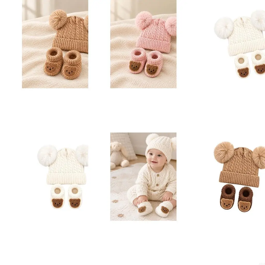 Infant Cable-Texture Hat and Sock Set with Twin-Accent Cap, Bear-Face Booties, and Grip-Textured Bottoms for Cold Weather A2UB