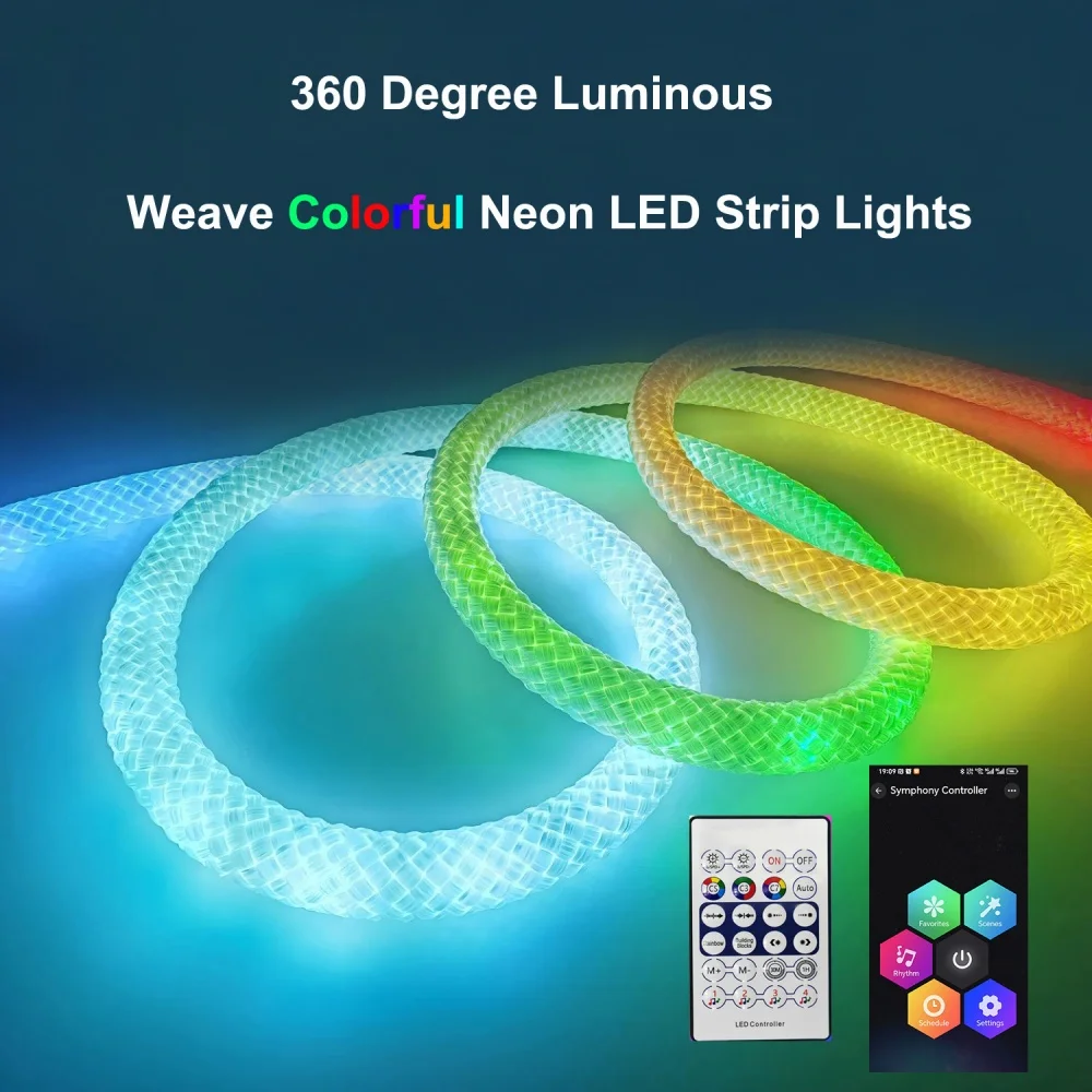 

360 Glow Round RGB Neon LED Woven Strip Light Rope Lights 24key Bluetooth APP Remote Control Music Sync 5V USB Waterproof Decor