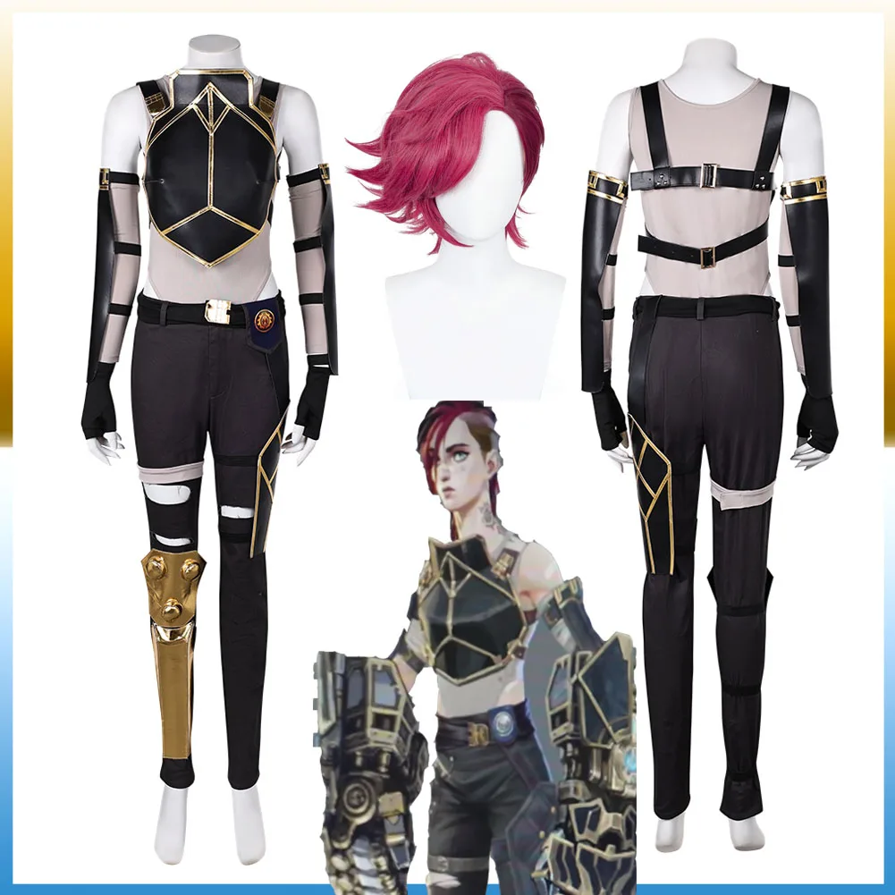 Arcane Vi Cosplay Wig Game LOL Costume Disguise Women Girls Roleplay Clothes Female Vest Pants Gloves Jacket Halloween Carnival