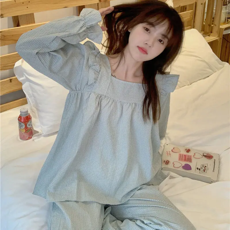 Plaid Sleepwear Women Pajama Sets Korean Piiama Ruffles Pants Sets for Women 2 Pieces Autumn Night Wears Square Collar Home Suit