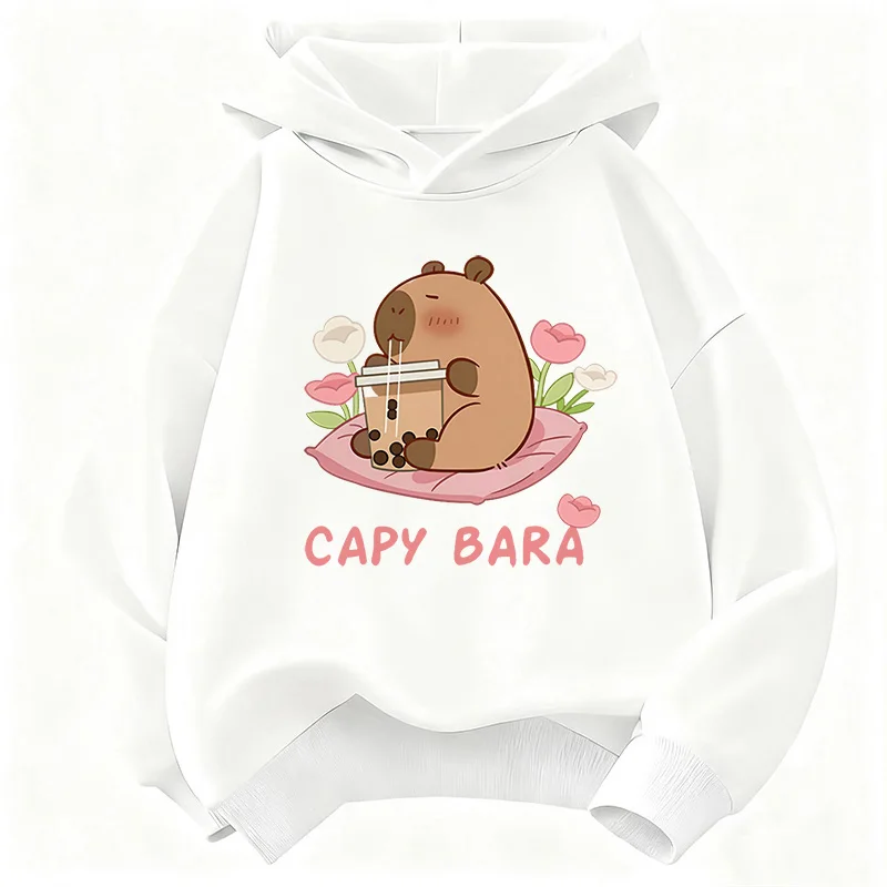 Kawaii Capybara Drinking Juice Hoodie Kids Flower Children's Sweatshirt Hoody for Boys Girls Casual Hoodies Clothes