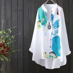 Round Neck Long-sleeved Buttoned Patchwork Shirt Asymmetric Mid-length Cotton Linen Shirt Spring Autumn Round Neck Linen Shirt