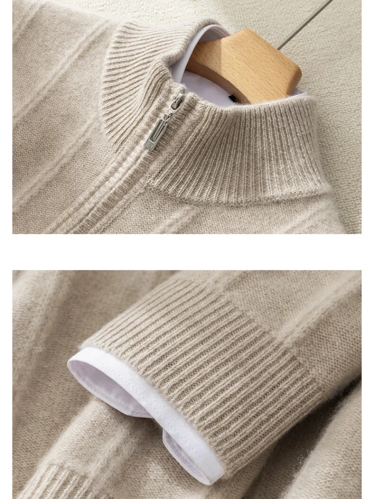 

100% cashmere men's pullover 7-needle knitted half-high collar zipper cardigan high-quality Pull luxury men's streetwear 420g