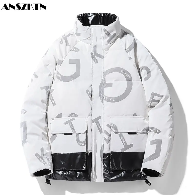 

ANSZKTN Men Women trend stand collar letter print Plus size winter PU warm coat men's overcoat puffer down jacket