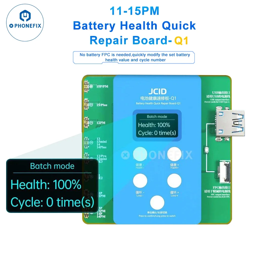 JCID Q1 Battery Health Quick Repair Board Calibrator for IPhone 11-15 PM Battery Data Cycle Modify Life Improve Tester Tool