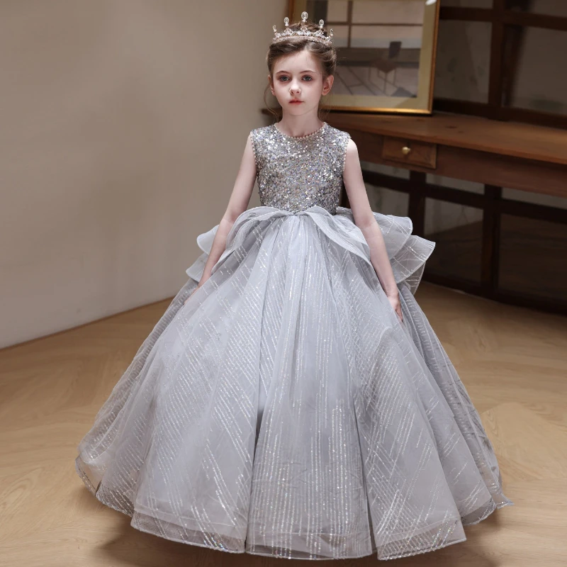 2026 Kids Gray Sleeveless Sequin Host Elegant Evening Gown Children Girls Princess Dress Piano Performance Pageant Clothes