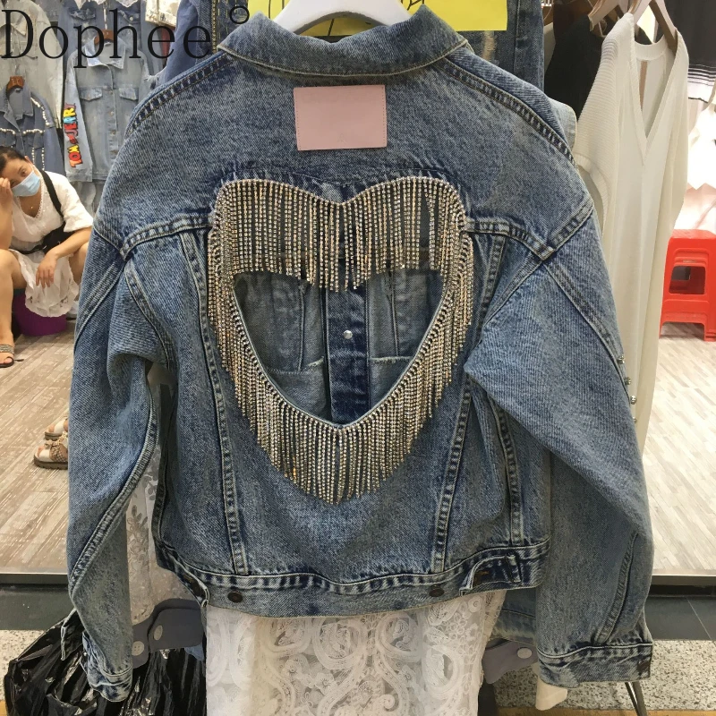 

2024 New Spring Autumn Loose Women Denim Jacket Luxury Back Hollow Out Love Diamonds Tassel All-match Long Sleeve Female Jackets