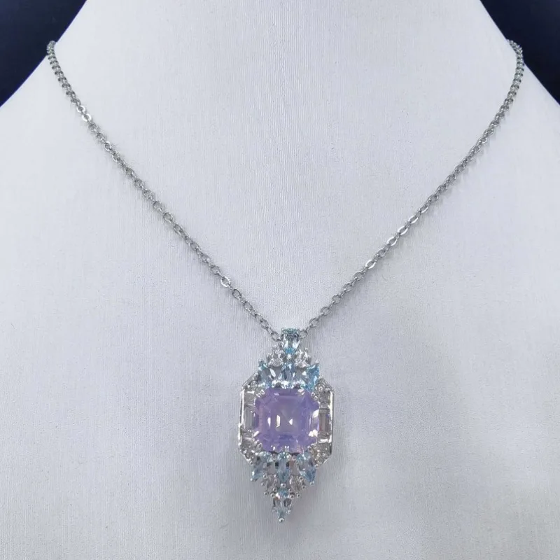 SACE GEMS 925 Sterling Silver Certified 10*10MM Natual Lavender Crystal Pendant Necklace for Women Cocktail Party Fine Jewelry