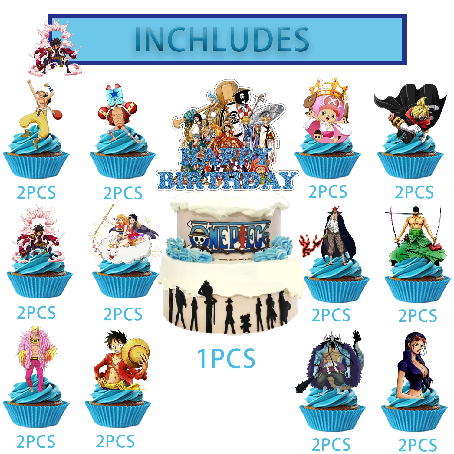 One Piece Stitch Cake Topper、Cupcake Toppers for Kids Happy Birthday Cake Decoration One Piece birthday Party Gift