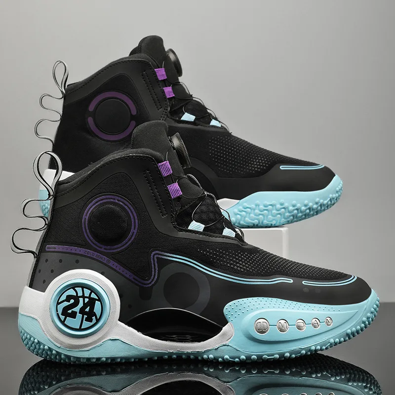 Basketball Shoes with Revolving Buckle for Men, High Top, Breathable, Sports, Casual, Fashionable, Go to All, Summer