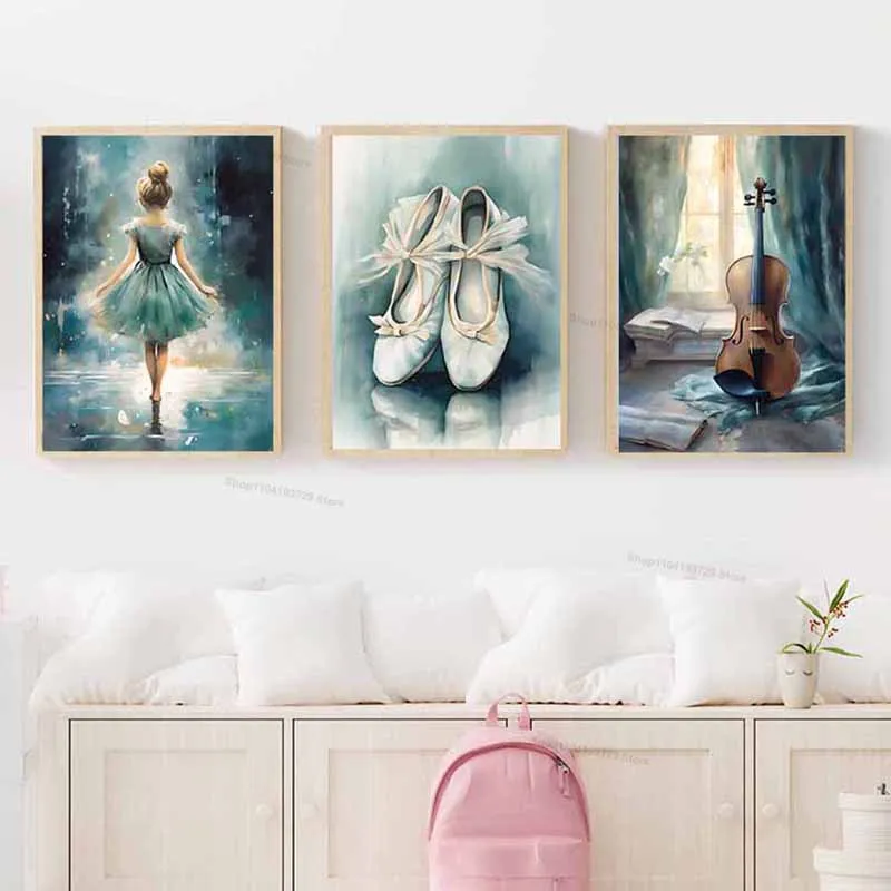 Watercolor Ballet Girl Shoes Cello Nursery Wall Art Canvas Painting Nordic Posters Prints Pictures For Baby Kids Room Home Decor - view 4