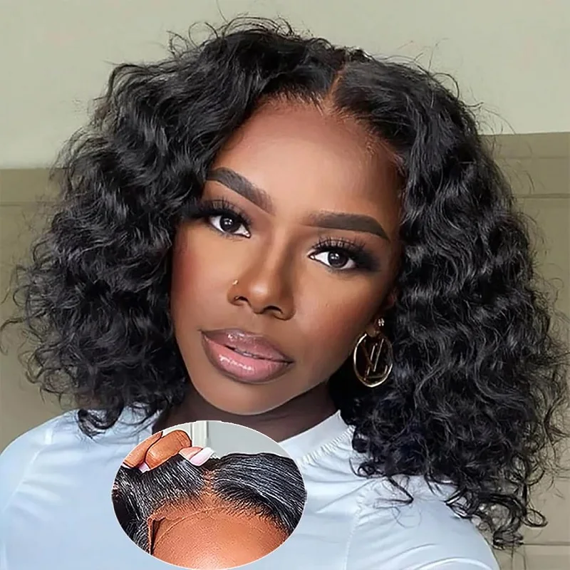 

Pre Cut Wear and Go Glueless Wigs Human Hair Pre Plucked Bob 6x4 Curly Wave Lace Front Wig 180% Density No Glue Human Hair Wigs
