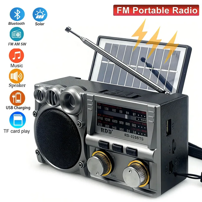 Rádio Portátil FM AM SW com Energia Solar, Receptor de Rádio, Caixa de Som Bluetooth, Cartão TF, Pen Drive USB, Reprodutor de Música MP3 e Bateria Recarregável