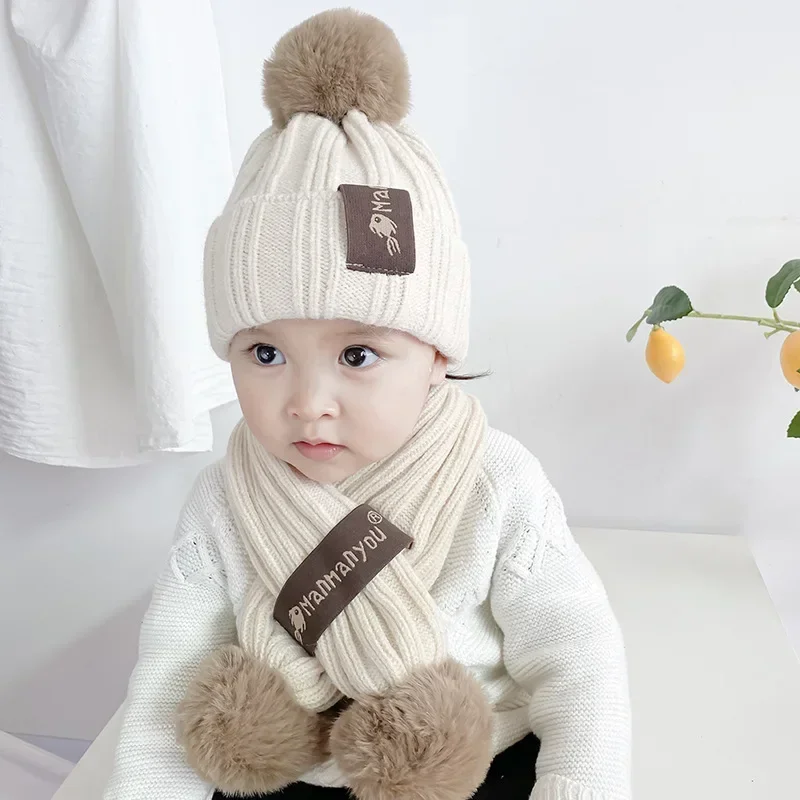 Autumn and Winter Children's Hat Scarf Set Warm Simple Woolen Cap Boys and Girls Knitted Hat Two-piece Baby Hat