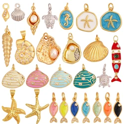 Marine Organism Sea Horse Turtle Fish Conch Shell Starfish Charm Pendant,Real 8K Gold Plated Zircon Jewelry Finding Supplies S05