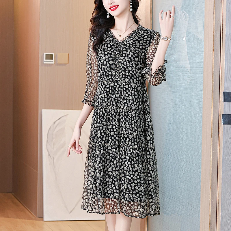 ฤดูใบไม้ผลิฤดูร้อนดอกไม้ชีฟอง Casual Beach Midi ชุดผู้หญิงเกาหลีแฟชั่น Elegant Prom 2025 Chic Luxury Party ชุดราตรี