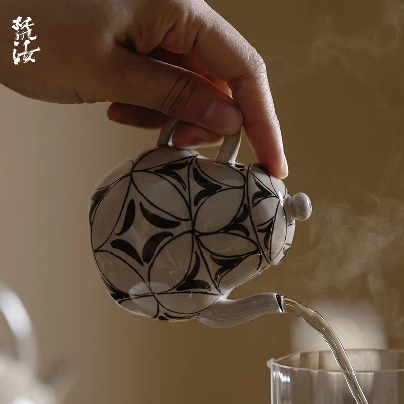 Fanyu Pink-Glazed Blue-And-White Hand-Painted Four-Leaf Flower Small Nan Sui Hand-Held Teapot Household Ceramic Kung Fu Set