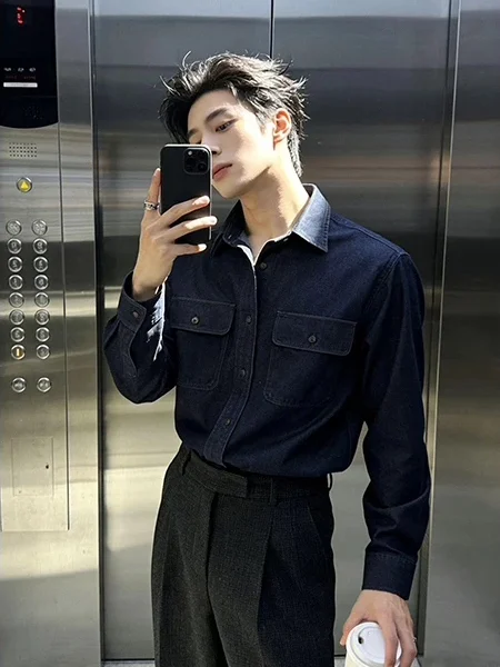 Korean Style Washed Cotton Soft Denim Shirt Men's Long Sleeve Flip Cover Casual Workwear Shirt Slim Fit Youth Fashion
