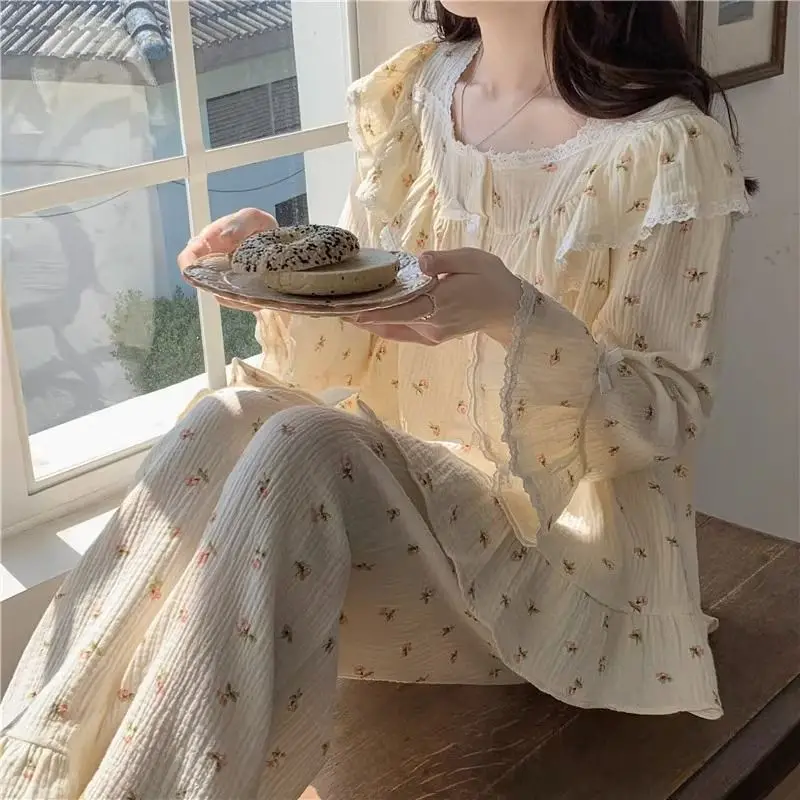 Lace Sleepwear Women Pajama Sets Floral Piiama Spring Sets 2 Pieces Korean Long Sleeve Night Wears Sleep Button Ruffle Home Suit